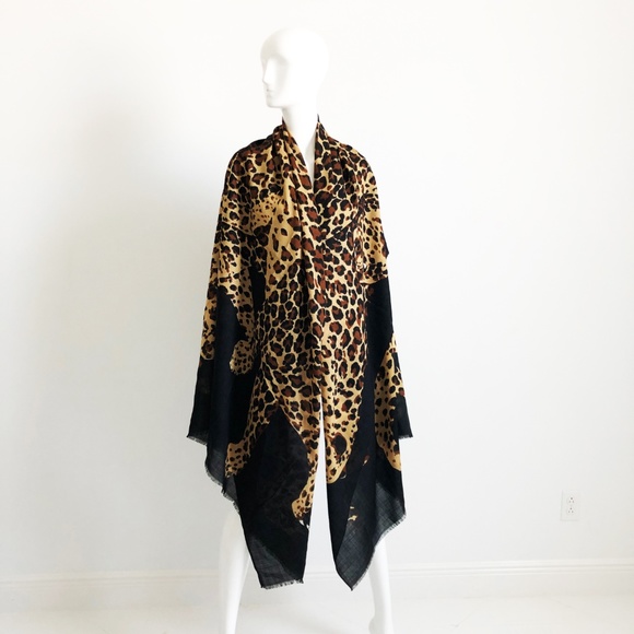 Yves Saint Laurent Shawl Massive Leopard Foulard Silk Wool 84in YSL Vintage Rare - Picture 3 of 8